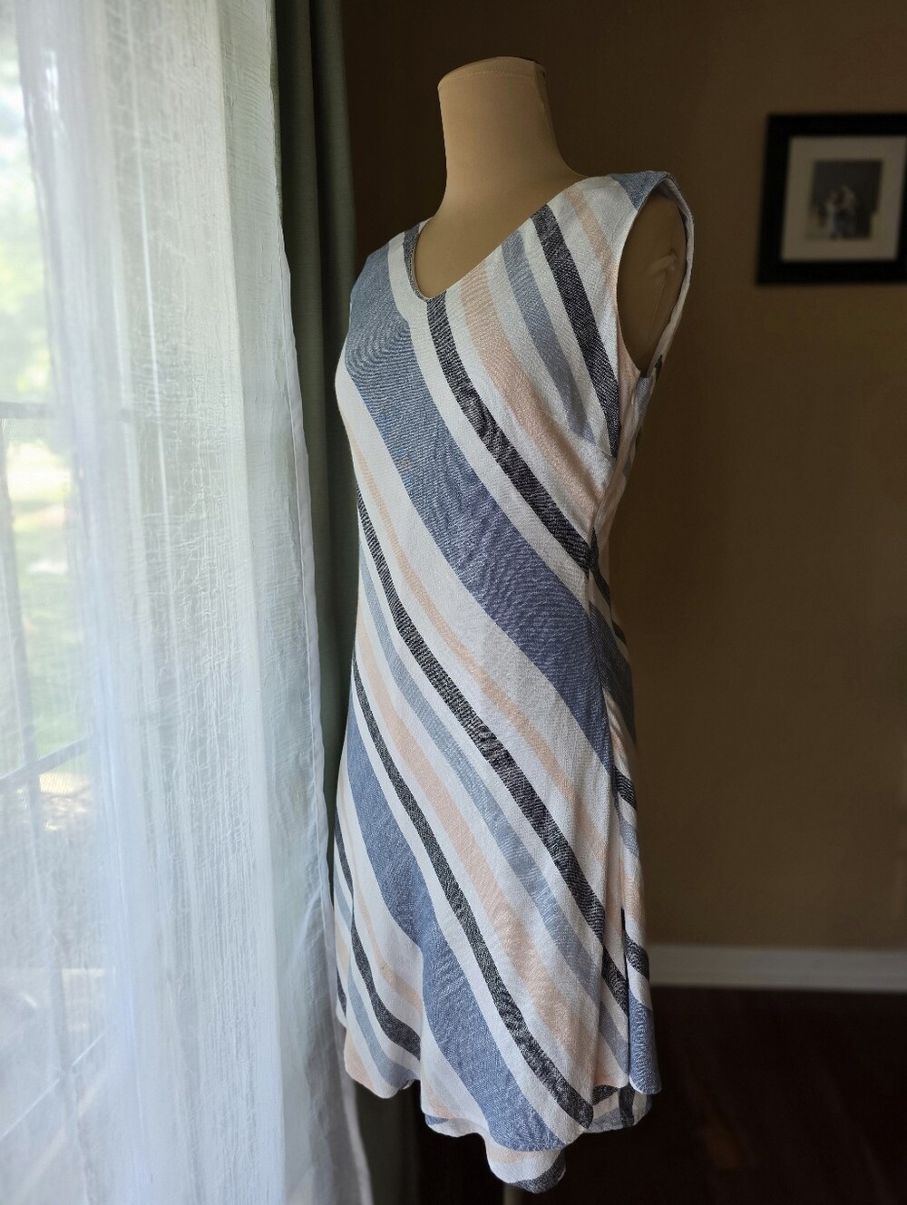 Striped Linen Blend Sleeveless Midi Dress Blue Pink White V-Neck Lined Size S - Picture 2 of 13